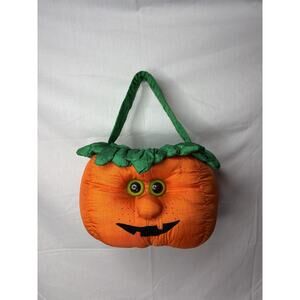 Vintage Nylon Halloween Pumpkin Candy Bucket - Parachute Material (13in Tall)